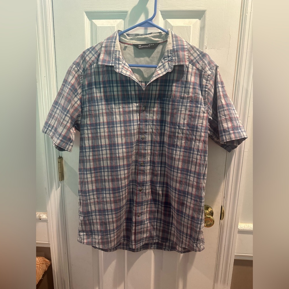 Under Armour Shirt Men Large Blue Plaid Outdoor Pocket Button Up Short Sleeve